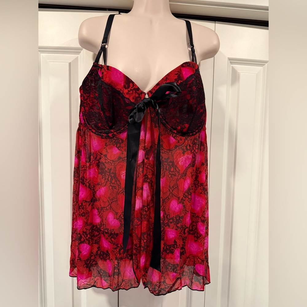 Secret Treasures pink black sheer babydoll nighty lingerie chemise 2X